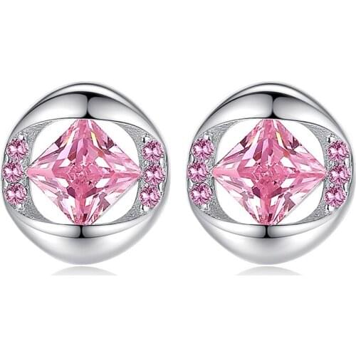 Womens Fashion Minimalist Small Stud Earrings Cute Pink Zirconia Crystal Tiny Geometric Earring Piercing Accessoires Best Gifts