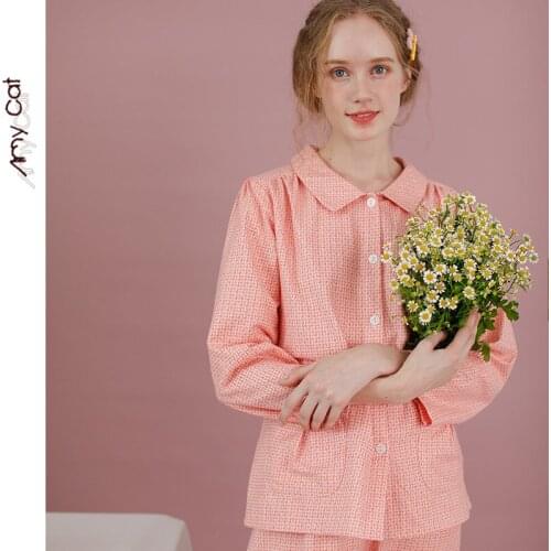 Long-sleeved Padded Now Pajamas Women Autumn Rice Plaid Cotton Flannel Non-printed Lapel Pajamas Loose Casual Plus Size Homewear