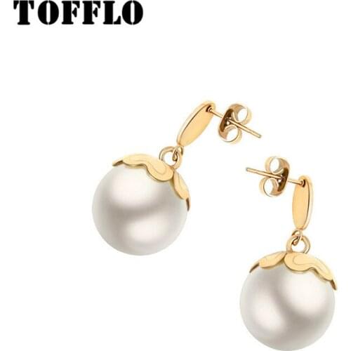TOFFLO Stainless Steel Jewelry Imitation Pearl Earrings Petals Christmas Earrings womens Drop Earrings BSF024