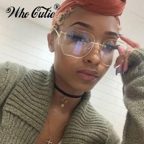 WHO CUTIE Oversized Rimless Sunglasses Women Brand Designer Vintage Retro Square Clear Lens Sun Glasses Gold Metal Frame OM700