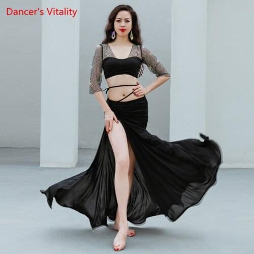 Belly Dance Suit Diamond-Studded Top Half Sleeves Ice silk Split Skirt Practice Clothes Set Female High-End Performance Clothing