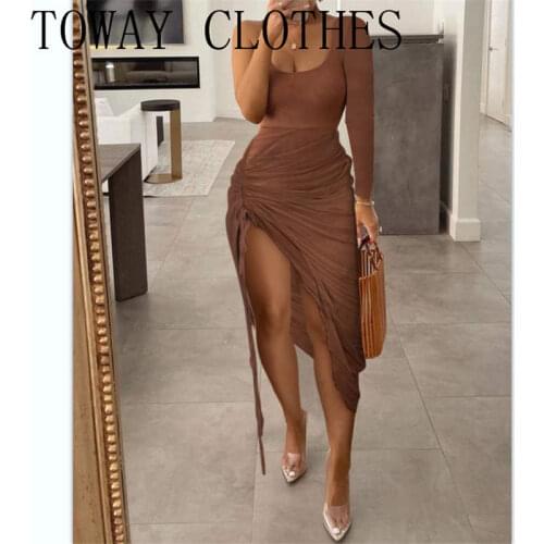 Solid Color Drawstring Ruched High Slit Bodycon Dress Skinny Robe Office Lady Outfits Sexy Party Dress for Women Dress 2021