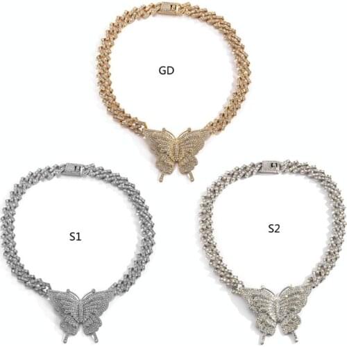 Shiny Crystal Big Butterfly Necklaces Woman Chain Choker Necklace Iced Out Butterfly Pendant Hip Hop Statement Jewelry F3MD