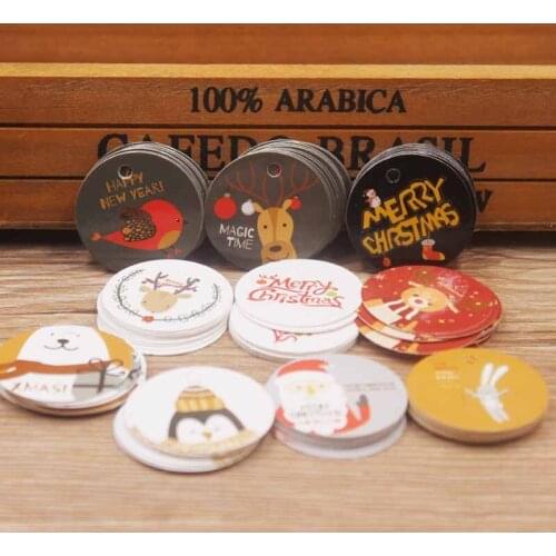 100pcs 3CM Round Marry Christmas Series Tag Cute Paperboard Material Fashion Deisgn Printing 300g Card Price Tag With Strings