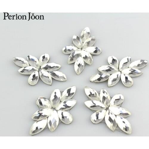 5Pcs DIY silver crystal leaf hot fix patch glass applique rhinestone decoration iron on for wedding dress shoes accessory TJ 072
