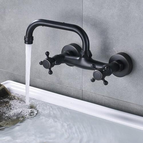 Black Brass Wall Mount Basin Faucets Dual Handles Mixer Tap Hot Cold Water Mixer Tap For Kitchen 360 Rotation Kitchen Mixer