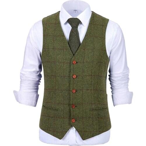 Mens Army Green Vest Plaid Soft Wool Brown Jacket Casual Gentleman Tweed Business Waistcoat For Groosmen Best Man For Wedding