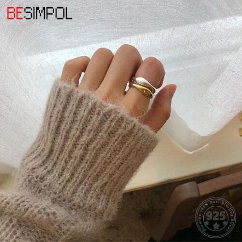 Besimpol Real 925 Sterling Silver Irregular Rings Fashion Wave Shape Minimalist Golden Silver Ring for Women Luxury Fine Jewelry