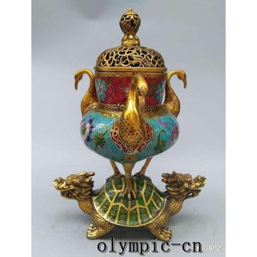 12''Bronze gold cloisonne enamel flower Dragon Turtle Bird crane incense burner