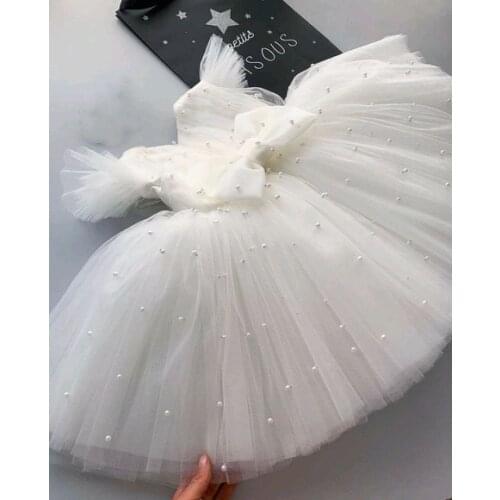 Hot ivory white flower girls dress baby girls christening cake dresses for party occasion kids 1 year baby girl birthday dress
