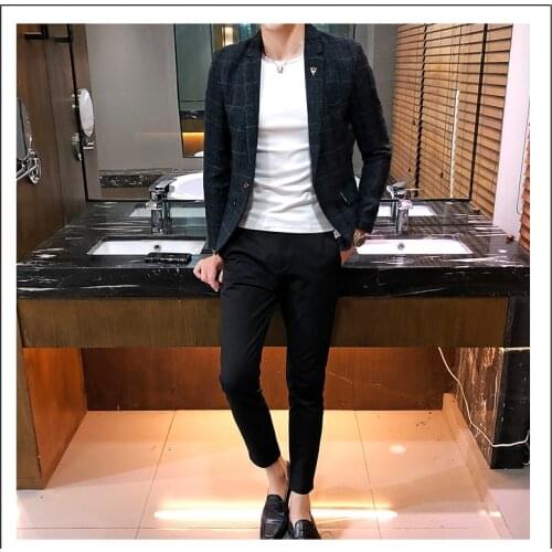 Men Suit Blazer Casual Navy Blue Jacket Fashion Lattice Men Coat Spring Summer Male Blazers New Designs 2019