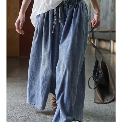 Spring Summer 2021 New Vintage Wide Leg Womens Jeans Pants Button Streetwear High Waist Denim Trousers Blue Loose Pants Female