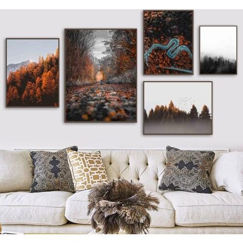 Autumn Scenery Mountain Sequoia Forest Nordic Posters And Prints Wall Art Canvas Painting Wall Pictures For Living Room Decor