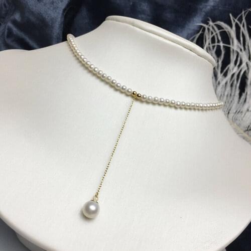 Mini AAA+ 3-4 mm Real natural Freshwater white round pearl necklace 15"