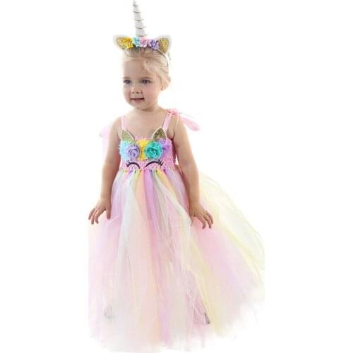 Pastel Girls Unicorn Tutu Dress Pastel Rainbow Princess Flower Girl Party Dresses Kids Birthday Halloween Unicorn Costume 1-14