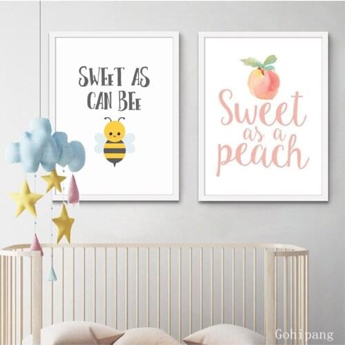 Sweet As A Peach Bee Quote Posters and Prints Baby Shower Decoration Watercolor Art Canvas Painting Boy Girl Birthday Party Sign