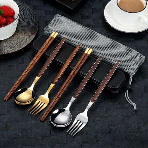 Stainless Steel Portable Cutlery Set Tableware with Wooden Handle Gold Silver Dinnerware Chopsticks Spoon Fork Kitchen Gadgets