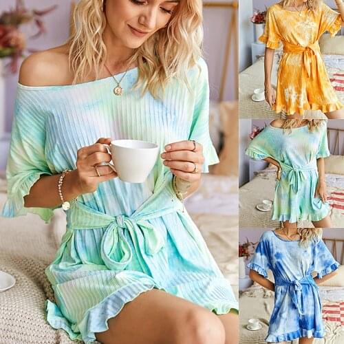 Casual Summer Off Shoulder Tie Dye Playsuit Female Home Sashes Short Rompers Tie-dye Ruffles Knit Jumpsuit Bodysuit Overalls