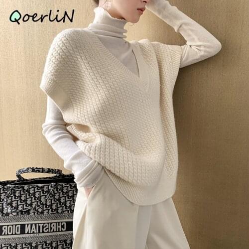 Sweater Vest Waistcoat Jumper Autumn Winter Women Sweaters Pullovers Sleeveless Vest Knit Vintage V-Neck Oversize Knitwear Tops
