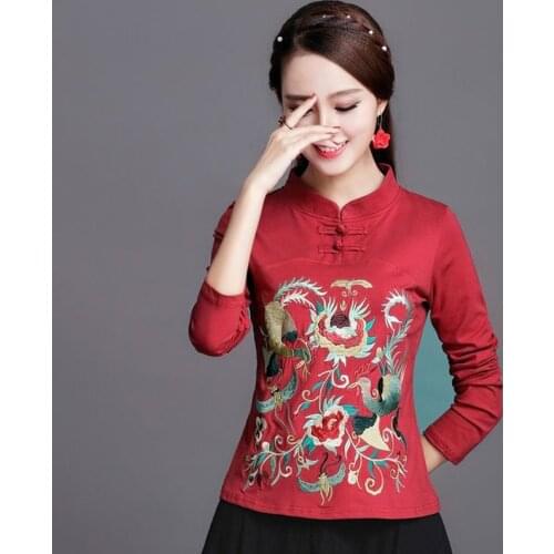 Cheongsam Womens Plus Size Tops 2021 Fashion Cotton Blend Embroidery Cheongsam Stand Collar Chinese Style Qipao Shirts Woman