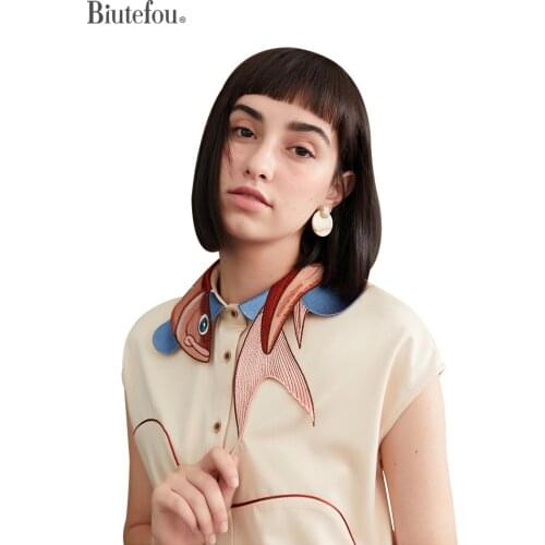 2021 Summer Women Irregular Embroidered Koi Fish Short Sleeve Shirt