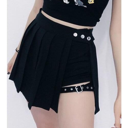 Womens Skirt High Waist Split Hem Metal Buckles Leisure Pleated Dress for Female