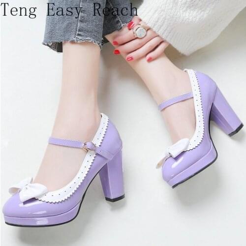 2021 Women Shoes Sweet Bow Knot High Heels Platform Mary Janes Pumps Buckle Square High Heel Shoes Ladies Red Black Pink Purple