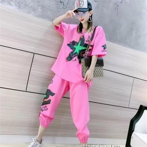 European Station 2021 Summer Korean Fashion Sports Suit Female Short Sleeve Print Cotton T-Shirt Harem Pants Two Piece Sets Tide