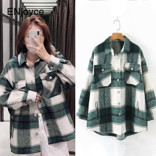 2020 Autumn Winter Plaid Coats and Jackets Women Blue Green Long Coat Jacket Pocket Casual Warm Overcoat Fashion Outwear