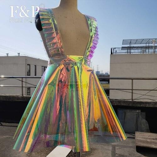 Handmade Plus Size Clothing Rainbow Holographic PVC Pleasted Suspender Dresses Women Rave Clothes Outfits Skater Circle Dress