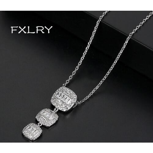 FXLRY New arrival white color AAA Cubic Zirconia three Square Long Pendant Necklaces for Women Bridal Wedding Fashion Jewelry