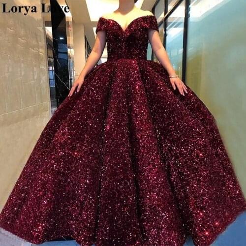 Burgundy Ball Gown Sequin Evening Dresses 2020 Women Formal Party Night Robe De Soiree Prom Gowns Off The Shoulder Long Vestidos