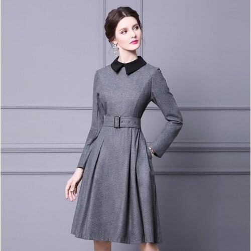 Womens Spring Grey Warm Elegant A-Line Skirt Peter Pan Collar Classy Simple Long Sleeve Dress Lady Autumn Waist OL Belt Dresses