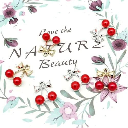 10 pcs Red Pearl Cherry Charms Bracelet Fit DIY Gold/Silve Tone Metal Pendants Sweet Finding Earring Jewelry Accessories YZ143