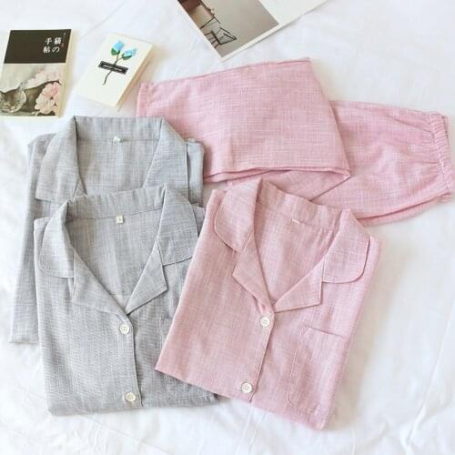 237 Summer 100% Cotton Solid Thin Girls Pajamas Set Leisure Sleepwear For Women Nightwear Long Sleeve Pant Men Homewear Suit