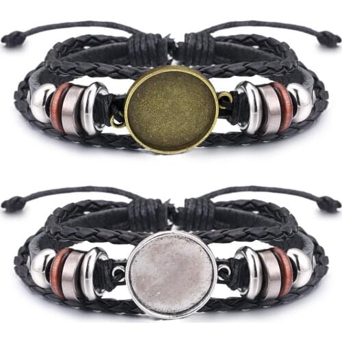 Antique Leather Bracelet Bangle Blank Base Fit 20mm Round Photo Glass Cabochon Setting Bezel Tray DIY Jewelry Making Supplies