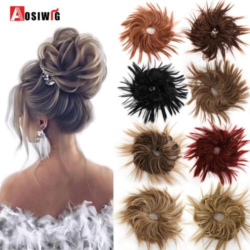 AOSIWIG Synthetic Bride Messy Straight Fake Donut Chignon Gary Black Color Elastic Hair Scrunchie Rubber Band Hair Bun Extension