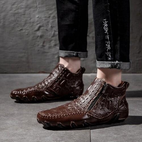 Mens genuine Leather ankle boots zips plush warm chelsea boots top quality Men Brand handmade Shoes for men winter boots