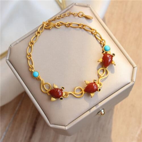S925 Sterling Silver Goldfish Bracelet Natural South Red Agate Insect Bracelet Fashion All-Match Cute Ornament