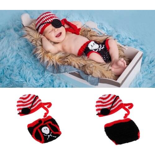 Skull Design Pirate Newborn Baby Crochet Knit Costume Infant Handmade Hat Diaper Cover Kids Birthday Photo Shoot Clothes Outfits