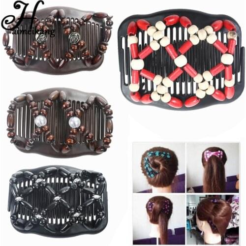 Haimeikang Retro Double Beaded Hair Magic Comb Clip Beads Elasticity Hairpin Stretchy Hair Combs Pins for Women Hair Accessories