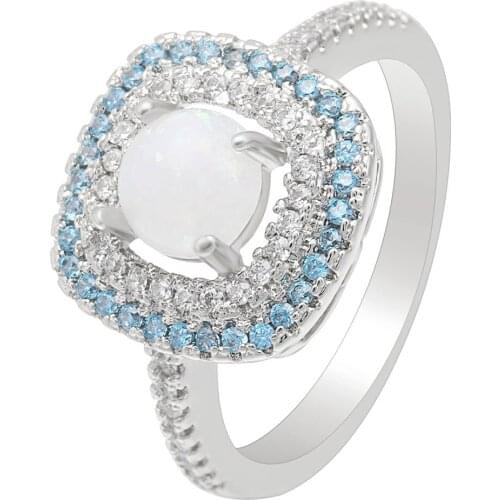Hainon Round White Fire Opal Rings Jewelry Wedding Engagement Promise Statement Rings For Women Full Paved Clear Blue Cz Rings