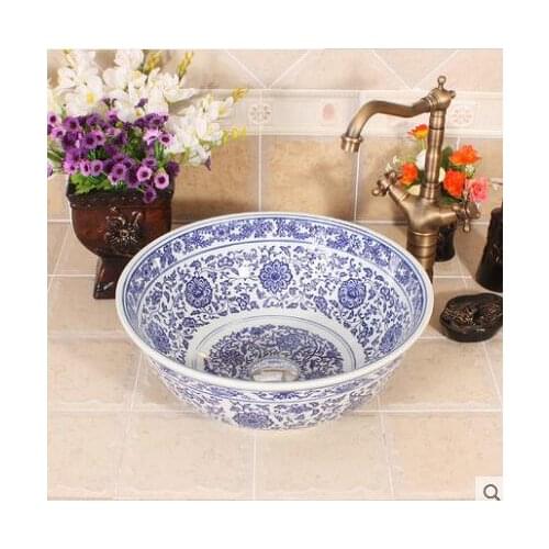 Ceramic Jingdezhen Art Basin Blue And White Lotus Washbasin countertop round bathroom sink Ceramic wash basin
