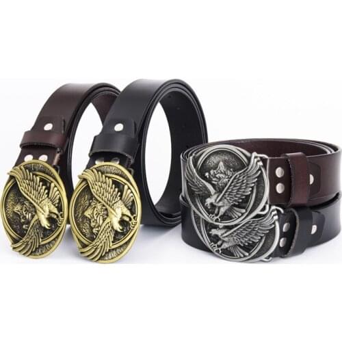Western cowboy eagle smooth buckle belt Retro mens leather belt Fashion trendy youth club buckle belt