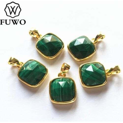 FUWO Lovely Gold Angular Square Green Pattern Malachite Bead Pendant With Brass Bezel Raw Quartz for Jewelry Making PD285