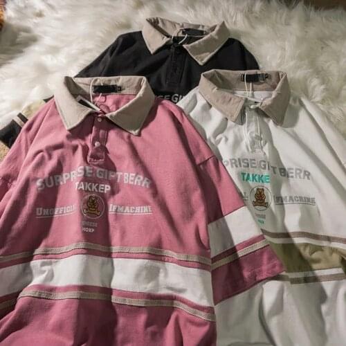 Summer Oversized Black Men Boy Loose Pink Cool Students Casual Man Bear Streetwear White O-Neck Casual Men Clothing