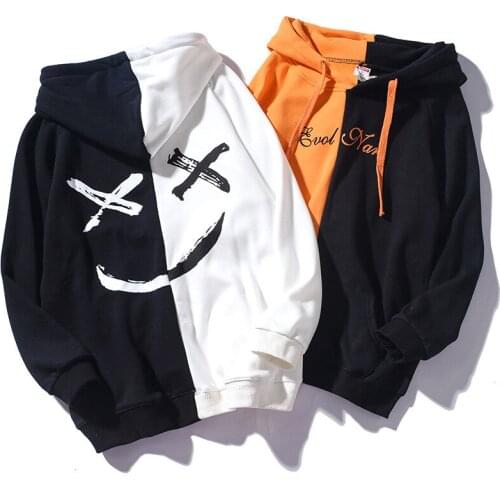 Mens Loose Black White Patchwork Hoodies 2021 Autumn New Men Funny Print Hooded Sweatshirt Fashion Fleece Hoodie Man