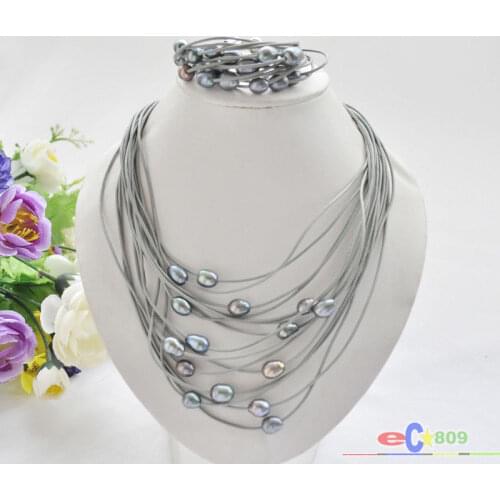 Wholesale 15row 13mm black rice pearl gray leather necklace & bracelet