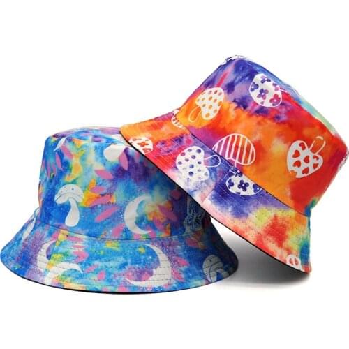 2021 Cotton Mushroom Print Double Sided Bucket Hat Women Men Fisherman Hat Outdoor Travel Tie Dye Hat Sun Cap Hats
