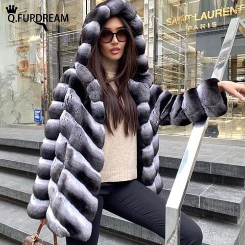 Q.FURDREAM Woman New Trendy Real Rex Rabbit Fur Coat With Big Hooded Chinchilla Color Autumn Winter Warm Full Sleeves Clothing